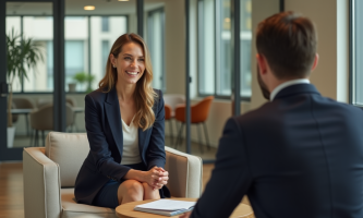 Femme d'affaires confiante en réunion dans un bureau moderne