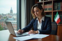 Femme d'affaires en costume navy dans un bureau moderne à Dublin