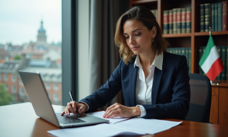 Femme d'affaires en costume navy dans un bureau moderne à Dublin