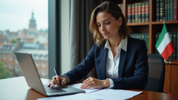 Femme d'affaires en costume navy dans un bureau moderne à Dublin