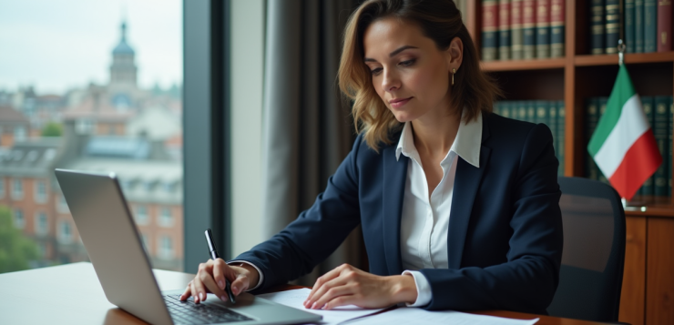 Femme d'affaires en costume navy dans un bureau moderne à Dublin