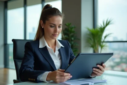 Femme d'affaires en costume navy dans un bureau moderne
