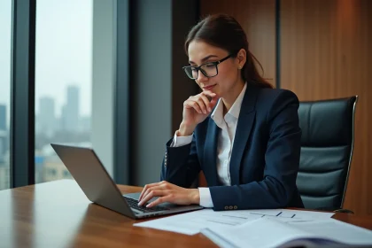 Femme d affaires en costume navy examine documents sur tablette