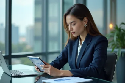 Jeune femme d'affaires en réunion avec tablette