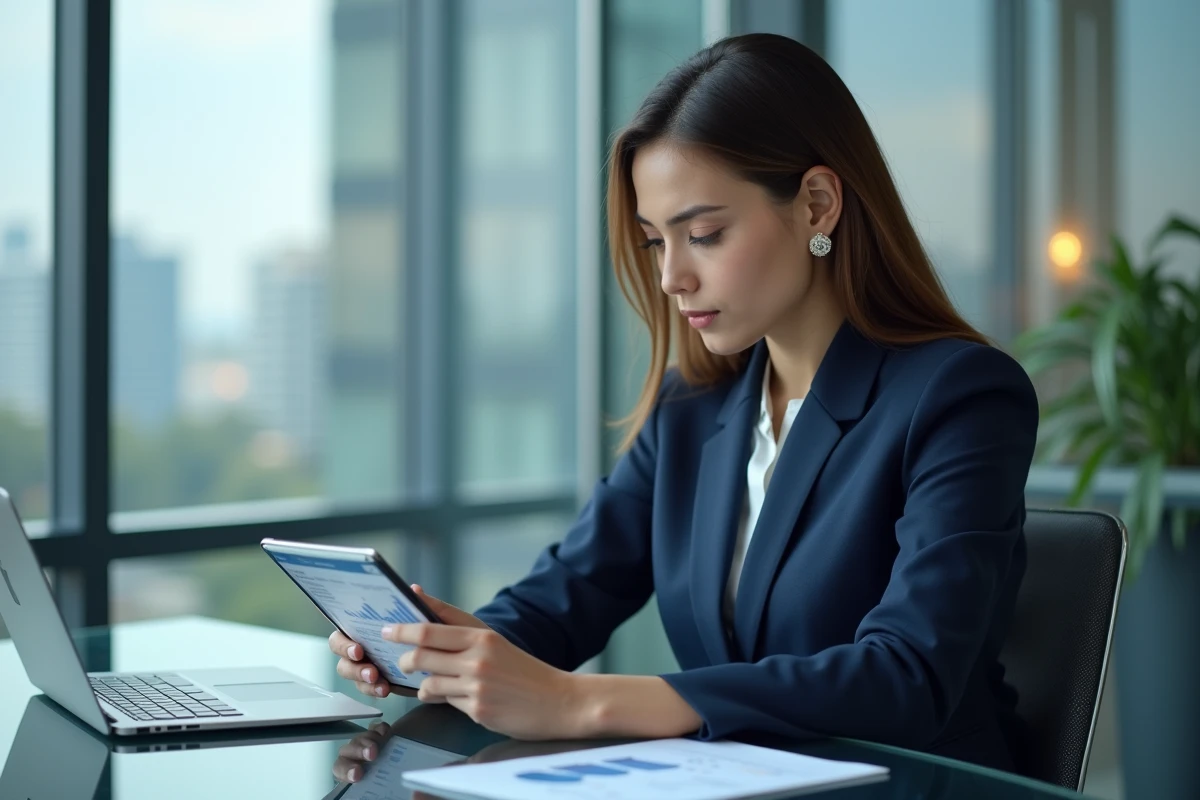 Jeune femme d'affaires en réunion avec tablette