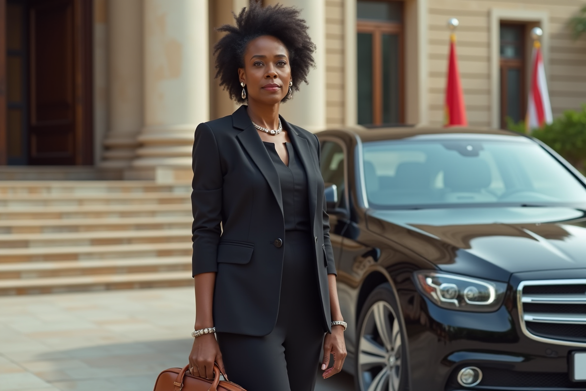 Femme africaine avec voiture officielle devant bâtiment