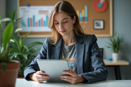 Jeune femme analysant des données sur un bureau moderne