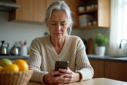 Femme d'âge mûr regardant avec méfiance un numéro inconnu sur son smartphone lors d'un appel de démarchage téléphonique