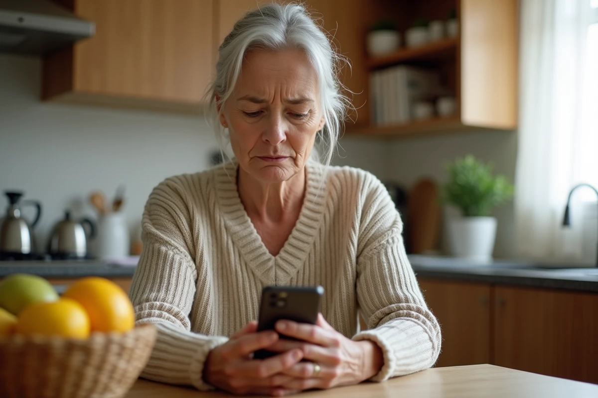 Femme d'âge mûr regardant avec méfiance un numéro inconnu sur son smartphone lors d'un appel de démarchage téléphonique