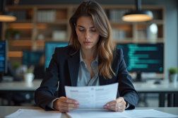 Femme en bureau regardant des documents avec symboles de copyright