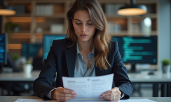 Femme en bureau regardant des documents avec symboles de copyright