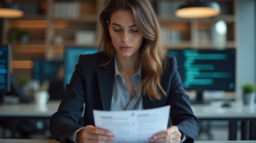 Femme en bureau regardant des documents avec symboles de copyright