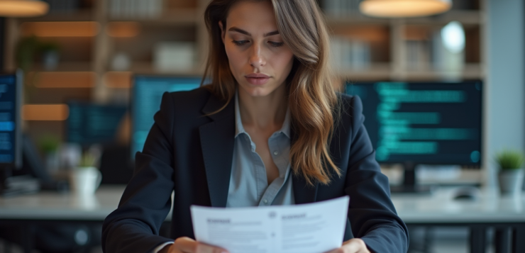 Femme en bureau regardant des documents avec symboles de copyright