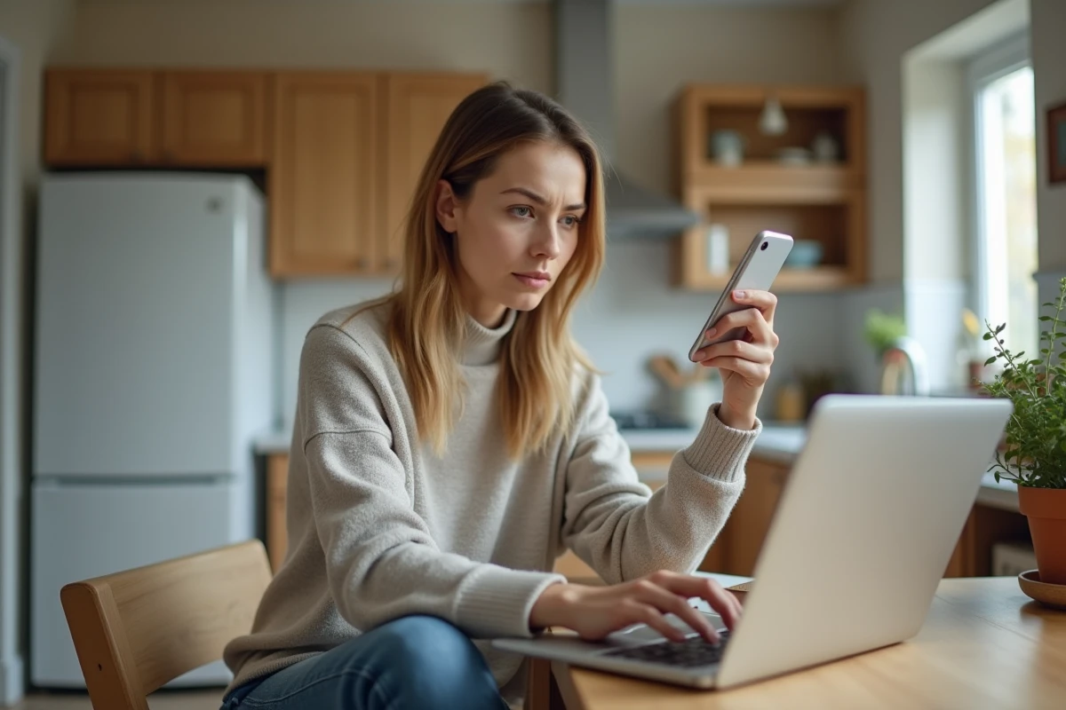 Femme assise à la cuisine avec ordinateur et smartphone