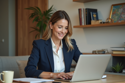 Femme en blazer bleu mettant à jour son CV sur un ordinateur