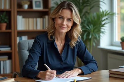 Femme écrivant une note dans un bureau cosy