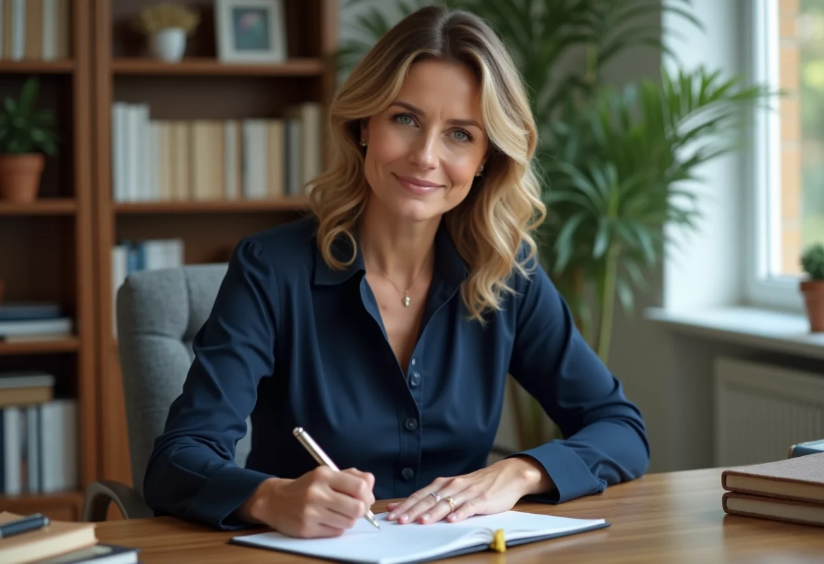 Femme écrivant une note dans un bureau cosy
