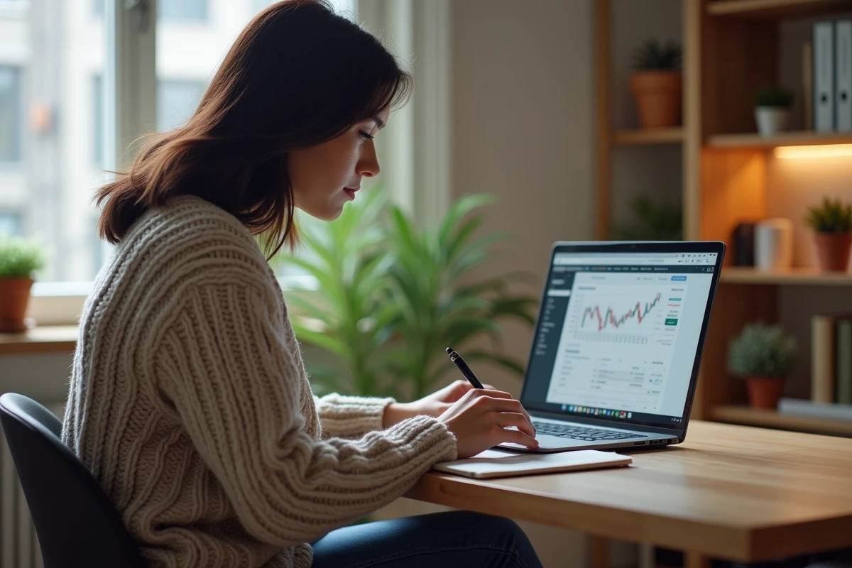 Femme concentrée sur son ordinateur dans un bureau à domicile