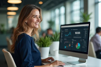 Femme souriante utilisant l'intranet en bureau moderne