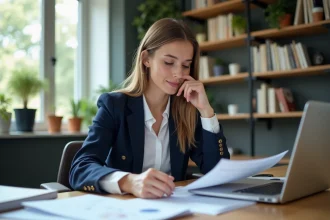 Jeune femme en bureau lisant des documents professionnels