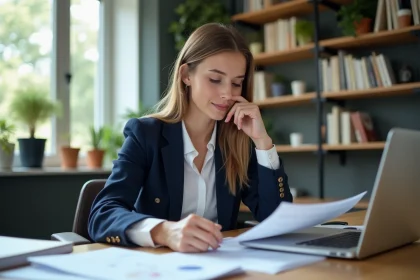 Jeune femme en bureau lisant des documents professionnels