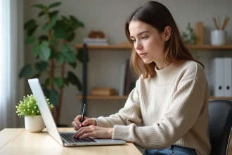 Jeune femme au bureau avec ordinateur portable et notes