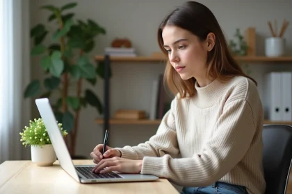 Jeune femme au bureau avec ordinateur portable et notes