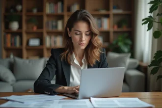 Femme concentrée au bureau avec documents et ordinateur