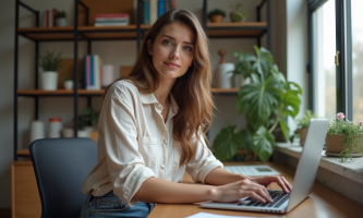 Femme en bureau moderne travaillant sur un ordinateur portable