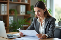 Femme au bureau triant des documents dans un espace organisé