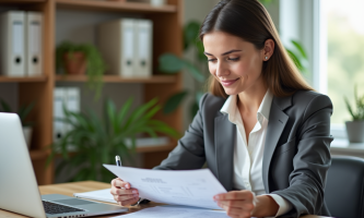 Femme au bureau triant des documents dans un espace organisé