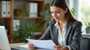Femme au bureau triant des documents dans un espace organisé