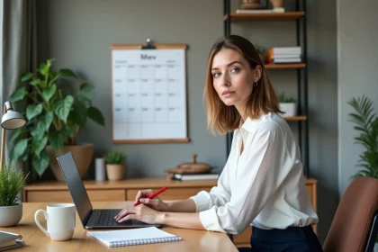 Jeune femme au bureau à la maison organise un calendrier