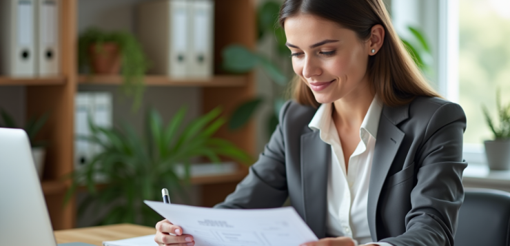 Femme au bureau triant des documents dans un espace organisé