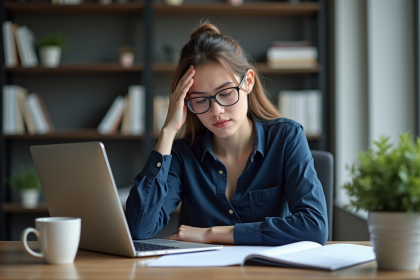 Femme au bureau semblant dépassée devant son ordinateur