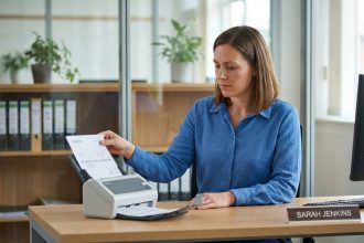 Femme en blouse professionnelle scannant une facture au bureau