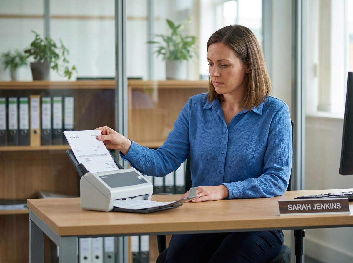 Femme en blouse professionnelle scannant une facture au bureau