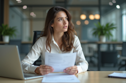 Femme au bureau avec documents de vacances et ordinateur