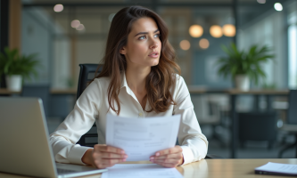 Femme au bureau avec documents de vacances et ordinateur