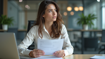 Femme au bureau avec documents de vacances et ordinateur