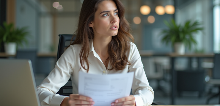 Femme au bureau avec documents de vacances et ordinateur