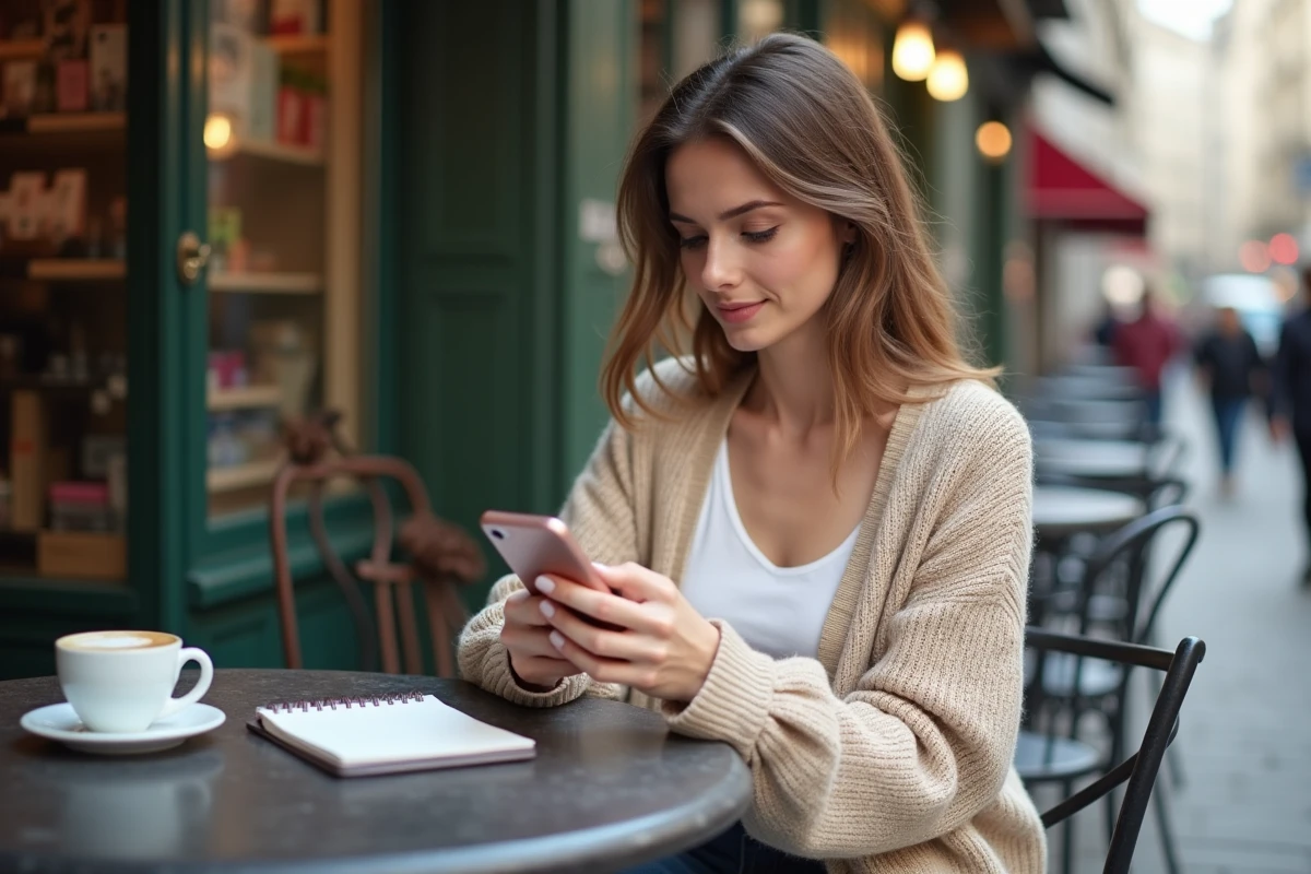 Femme lisant des articles sur Affumt dans un café extérieur