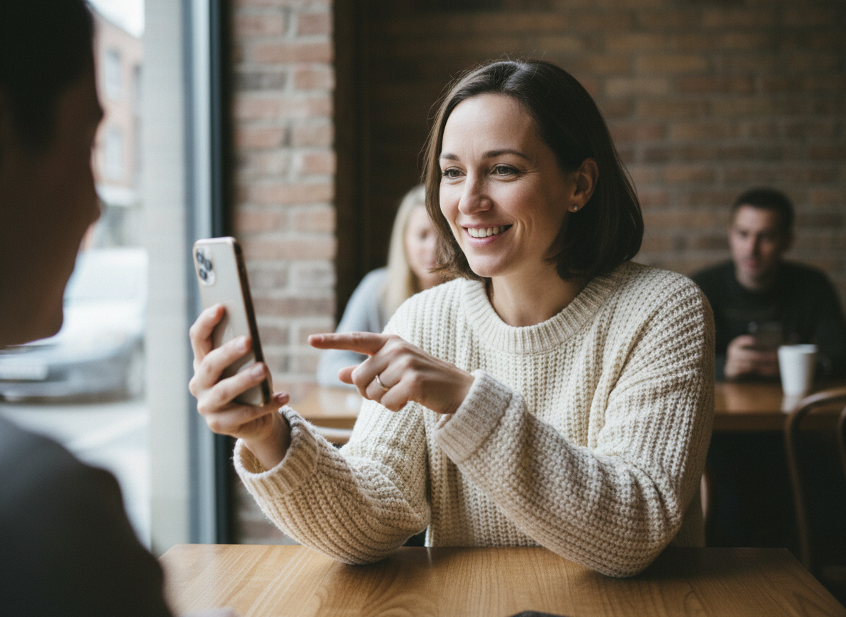 Femme souriante montrant son téléphone dans un café chaleureux