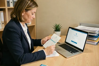 Femme professionnelle consultant ses fiches de paie sur ordinateur via un portail sécurisé de type Arkevia