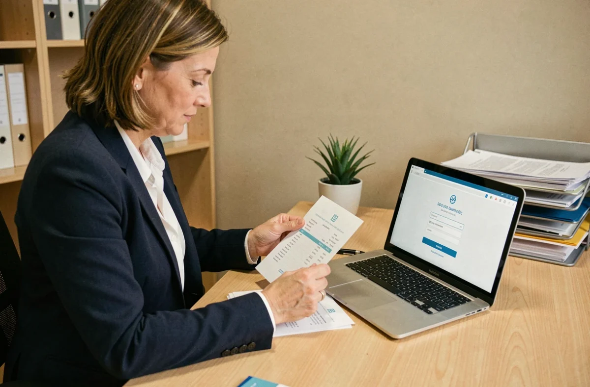 Femme professionnelle consultant ses fiches de paie sur ordinateur via un portail sécurisé de type Arkevia