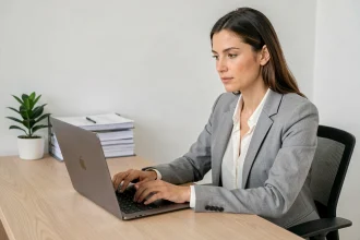 Femme consultant un site administratif sur ordinateur portable pour obtenir un avis de situation Sirene
