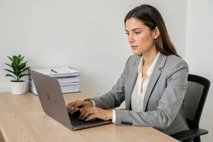 Femme consultant un site administratif sur ordinateur portable pour obtenir un avis de situation Sirene