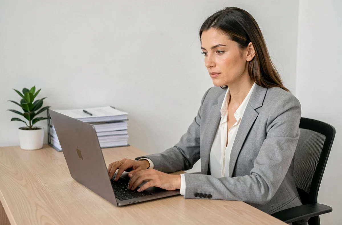 Femme consultant un site administratif sur ordinateur portable pour obtenir un avis de situation Sirene