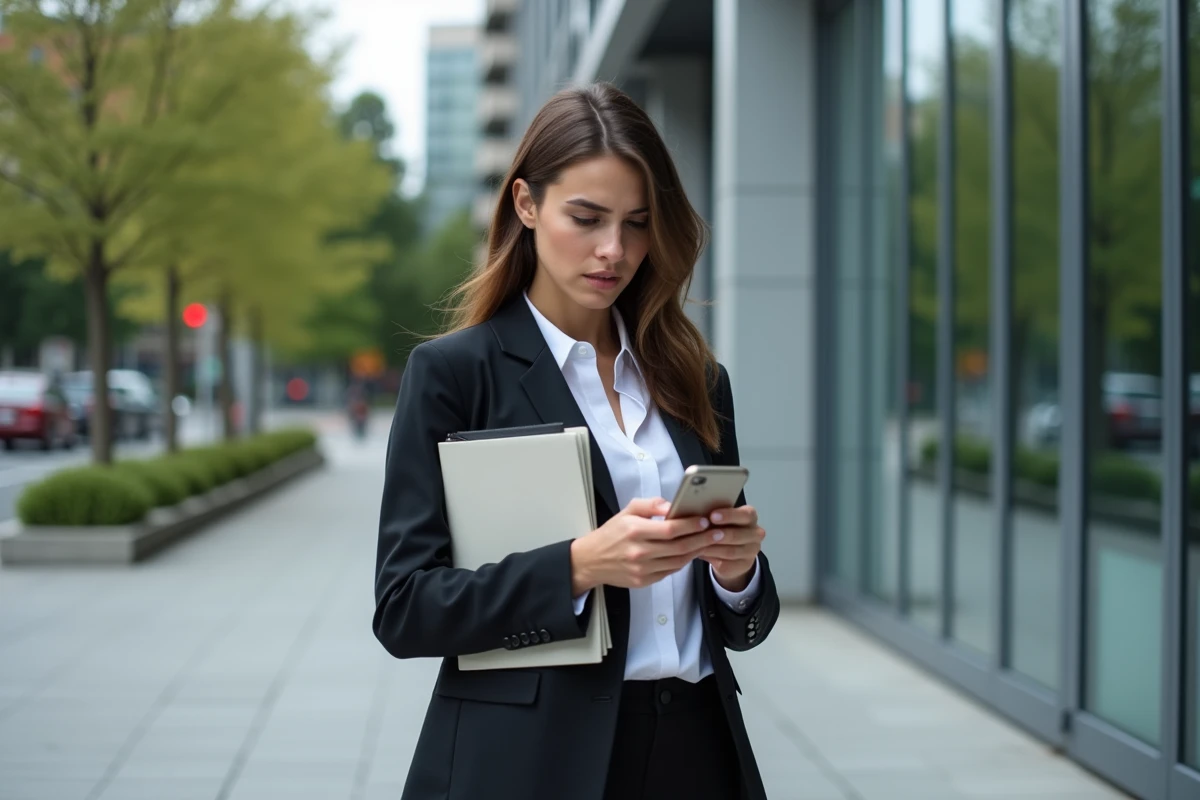 Jeune femme vérifiant son smartphone devant un bâtiment moderne