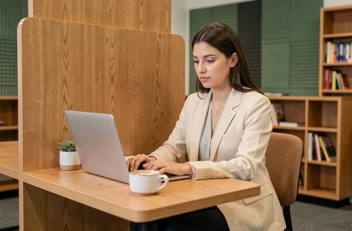 Femme travaillant dans un espace de coworking avec cloison en bois et mobilier modulable